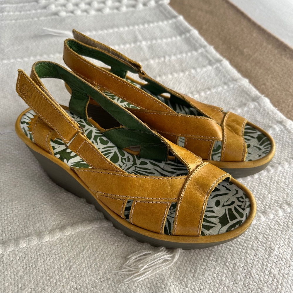 FLY LONDON, yellow leather cut out wedge sandals - US7